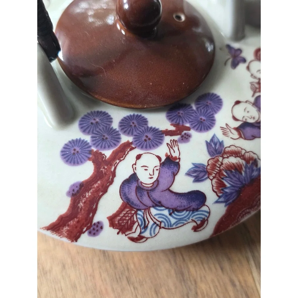 Vintage Japanese Ceramic Tea Set Karako Children Pine Tree Teapot and 4 Cups